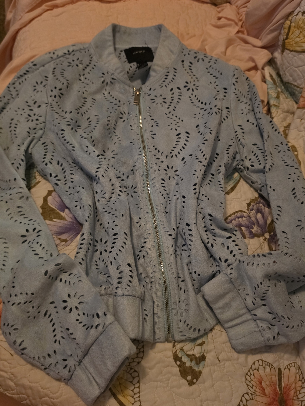 Forever 21 Light Blue Laser-Cut Bomber Jacket